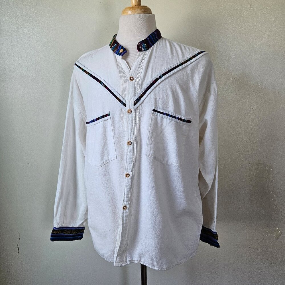 Vintage 70s 80s Button Up Shirt Mens 46/L Ivory‎ Long Sleeve Ecuador Ikat Woven
